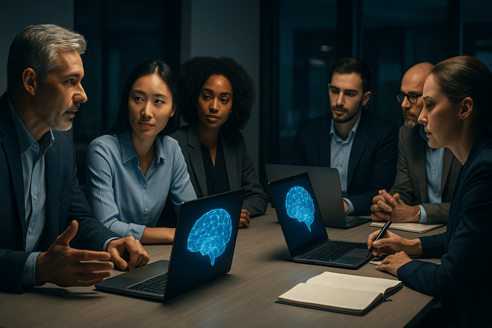 Cultura organizacional representada por executivos em reunião sobre IA, colaboração e transformação digital no ambiente corporativo.