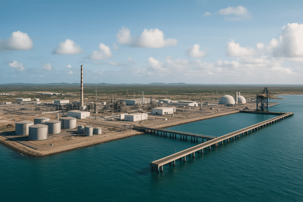 Vista aérea realista do Complexo do Pecém, no Ceará, com infraestrutura industrial e portuária moderna, parte do projeto do governo do Ceará para atrair data centers com uso de água de reúso