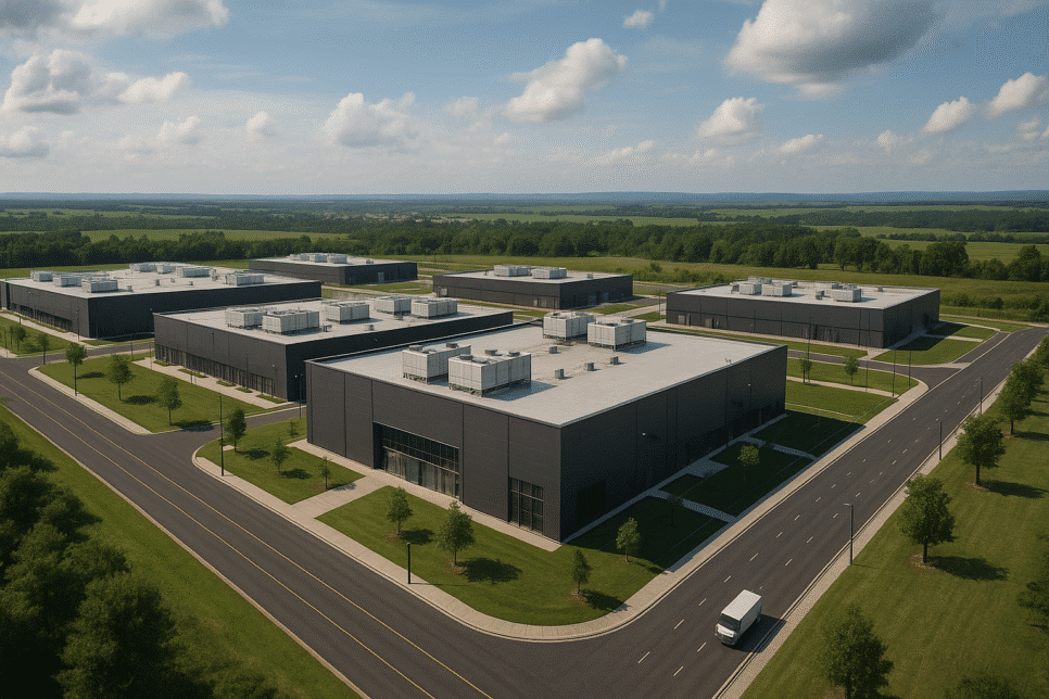 Vista aérea realista do futuro data center da RT-One em Uberlândia, complexo tecnológico moderno cercado por áreas verdes e infraestrutura avançada.