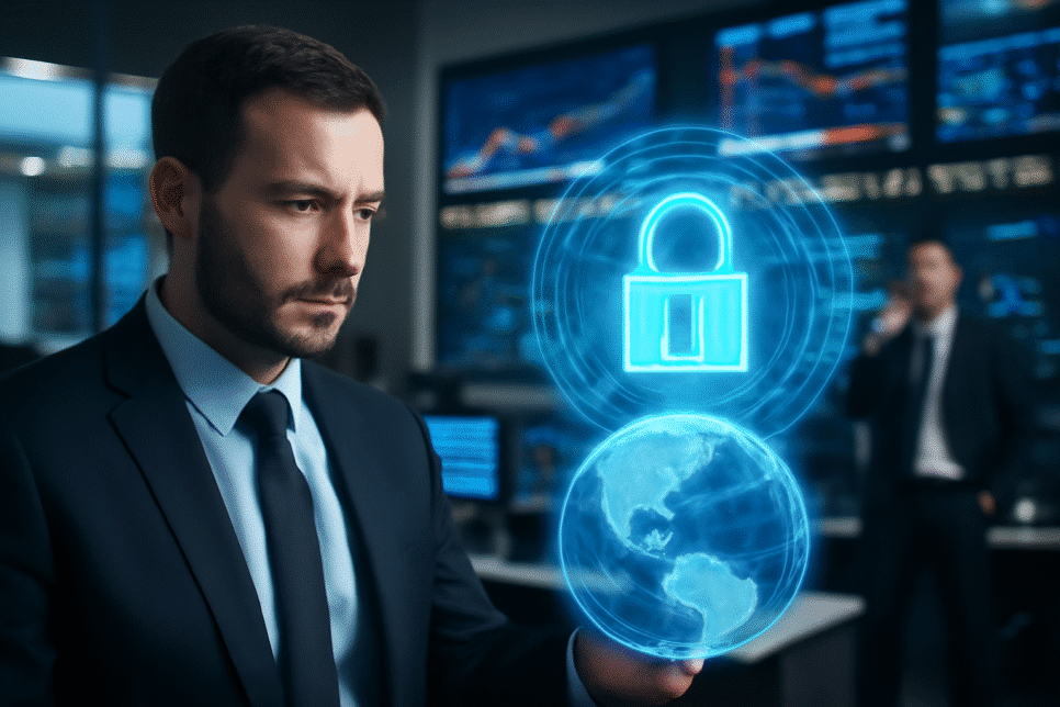 Profissional de TI analisando segurança digital com hologramas de cadeado e mapa mundial, simbolizando o impacto das resoluções 496 e 497 do Bacen sobre a segurança tecnológica no sistema financeiro.