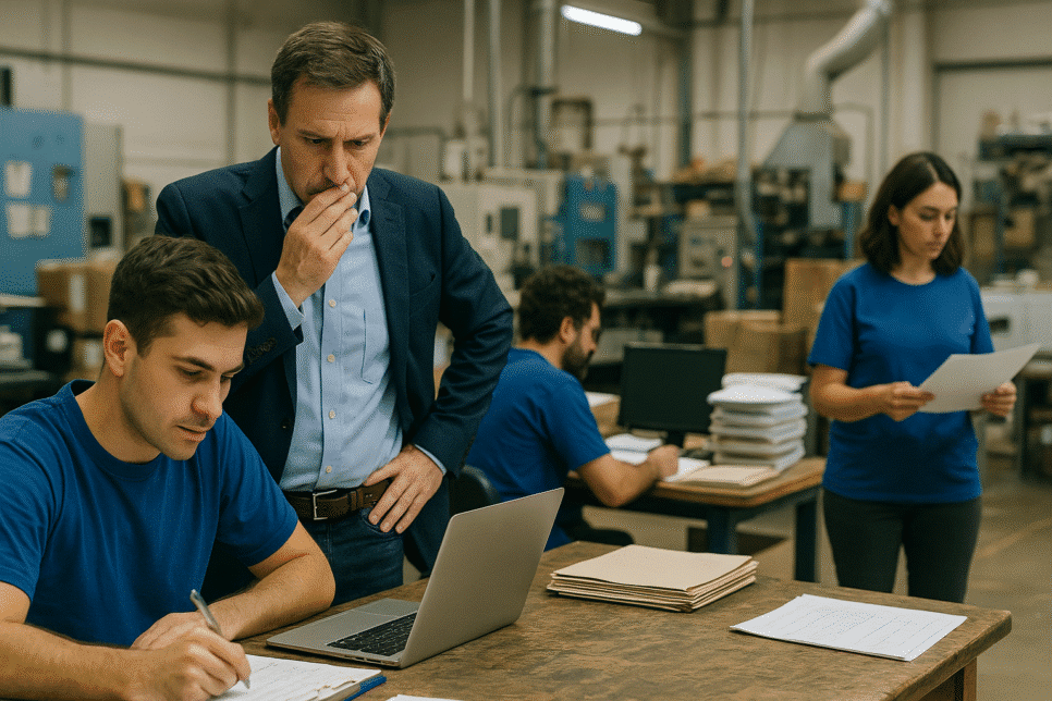 Empresa com gestores observando equipe em fábrica, usando laptop e anotações em papel, representando a transição de processos antigos para digitais.