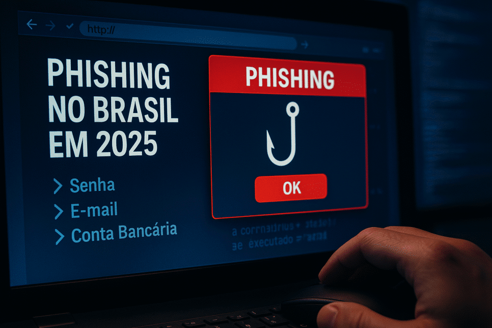 Imagem ilustrando ataque de phishing no Brasil em 2025, com links falsos e roubo de dados pessoais e financeiros.