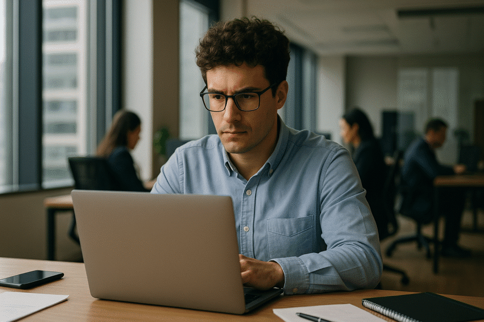 Homem trabalhando em laptop em escritório moderno com colegas ao fundo, representando o uso seguro de IA no ambiente corporativo.