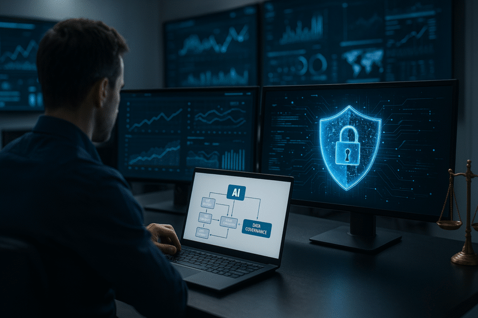 Analista monitora painéis de segurança enquanto um escudo digital representa governança de dados com IA.