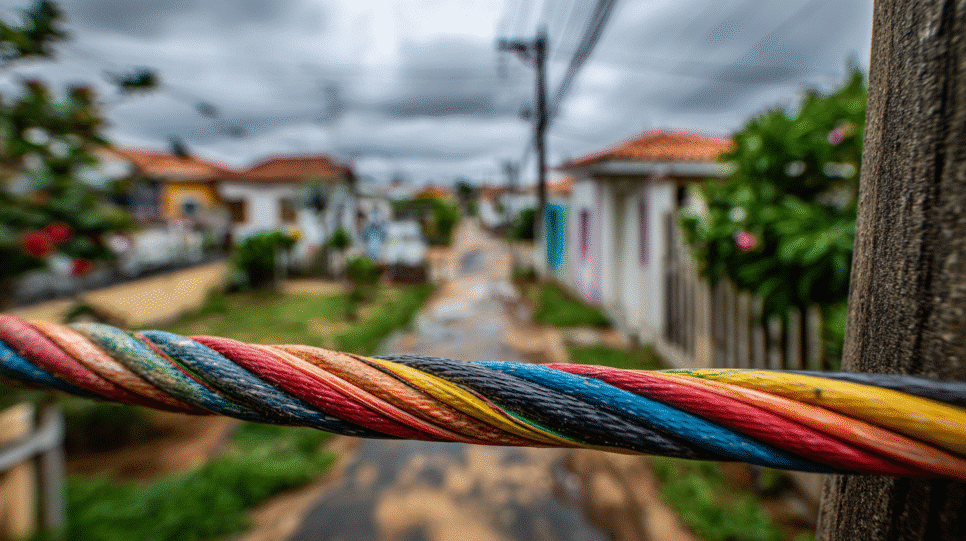 Cabo de fibra óptica conectado em residência no Brasil, simbolizando a expansão da banda larga no país.