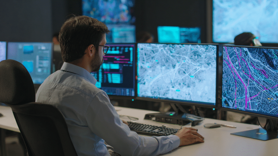 Sala de operações com múltiplos monitores exibindo anomalias e respostas automatizadas por IA