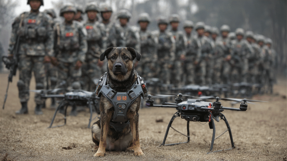 Cães-robôs e drones autônomos equipados com IA em formação militar, representando o avanço tecnológico da China em operações automatizadas.