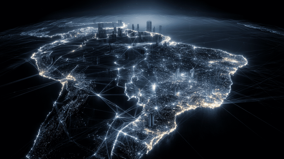 Mapa noturno com malha de conexões indicando data centers distribuídos pelo país.
