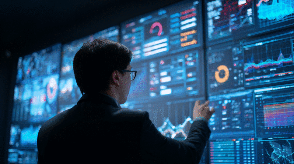 Profissional de tecnologia analisando painéis de dados e gráficos em tela digital, representando governança de dados eficiente e orientada por IA.