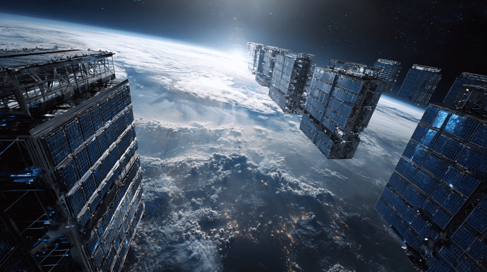 Representação futurista de data centers em órbita terrestre com painéis solares, conceito citado por Jeff Bezos para sustentar a inteligência artificial.