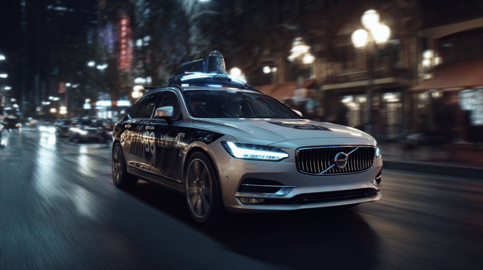 Veículo autônomo da Uber equipado com sensores e tecnologia Nvidia circulando em ambiente urbano, simbolizando o avanço da mobilidade inteligente.