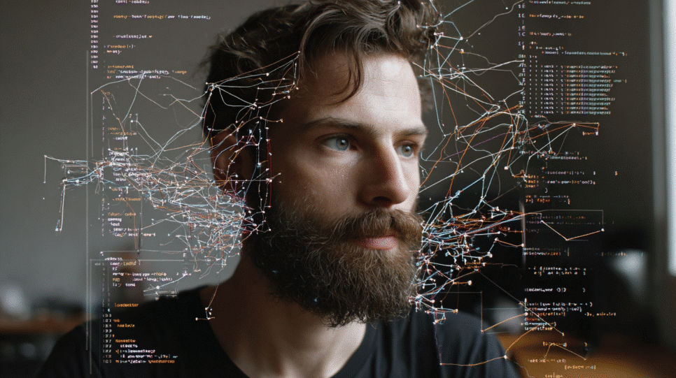 Visual técnico de IA estabilizando código em tempo real; contexto de avaliação recorde da OpenAI