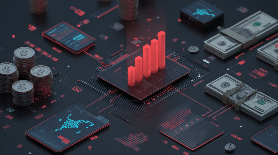 Representação de tecnologia financeira com símbolos de IA e pagamentos digitais, ilustrando o programa LAB AI da Visa.