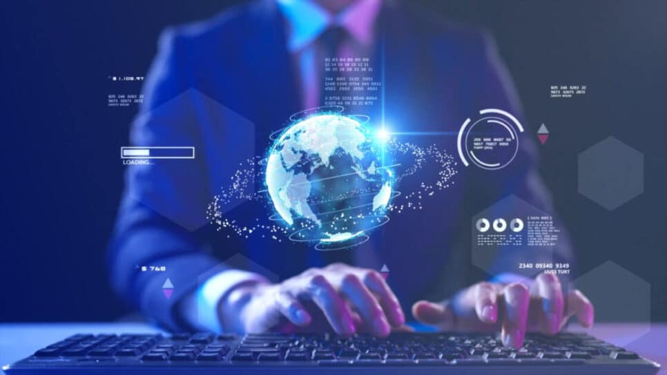 Imagem de um profissional de terno interagindo com uma interface digital avançada que exibe o planeta Terra e elementos de tecnologia, destacando inovação e tecnologia, gartner
