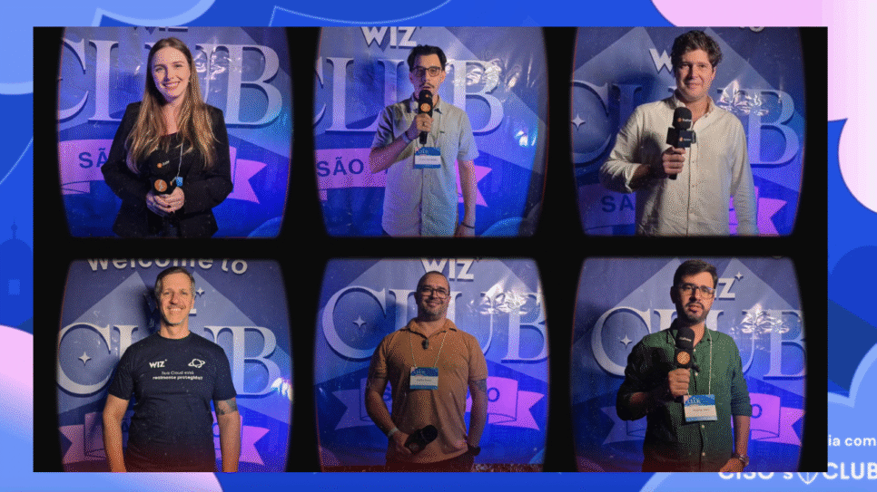 Executivos reunidos em evento corporativo discutindo tendências de segurança em nuvem em um ambiente tecnológico moderno.