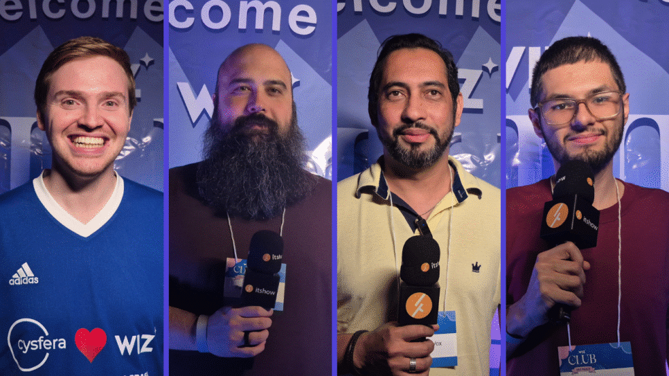 Executivos reunidos em evento corporativo discutindo tendências de segurança em nuvem em um ambiente tecnológico moderno.