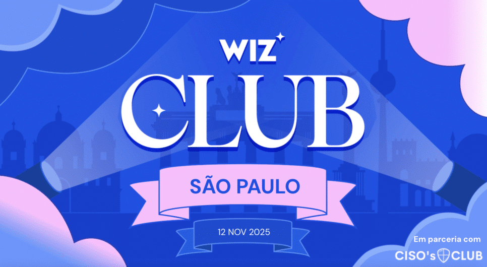 Banner de divulgação do evento Wiz Club – The Cloud Security Experience, em São Paulo, com destaque para a temática de segurança em nuvem, data 12 de novembro e ambiente corporativo moderno com profissionais de tecnologia interagindo.