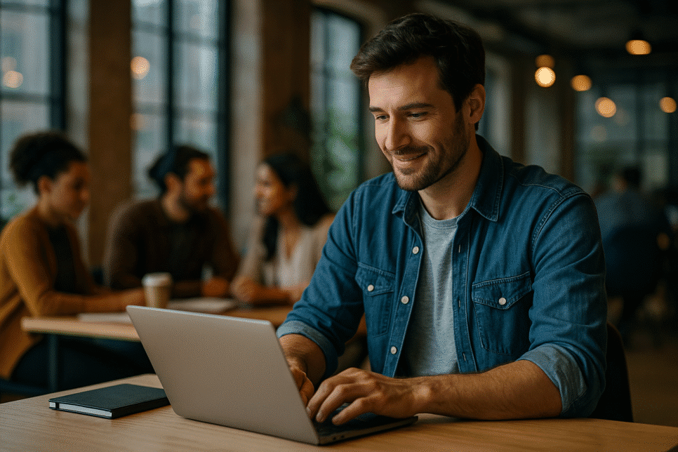 Empreendedor trabalhando em ambiente moderno de tecnologia.