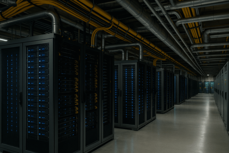 Corredor de data center moderno com servidores de alta densidade e tubulações industriais, representando infraestrutura para IA e alta demanda energética.