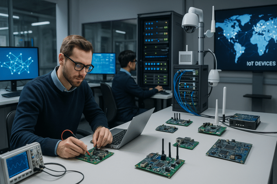 IoT: Engenheiro testando placas eletrônicas de IoT em laboratório, com servidores e equipamentos de rede ao fundo, simbolizando desenvolvimento e integração de dispositivos conectados.