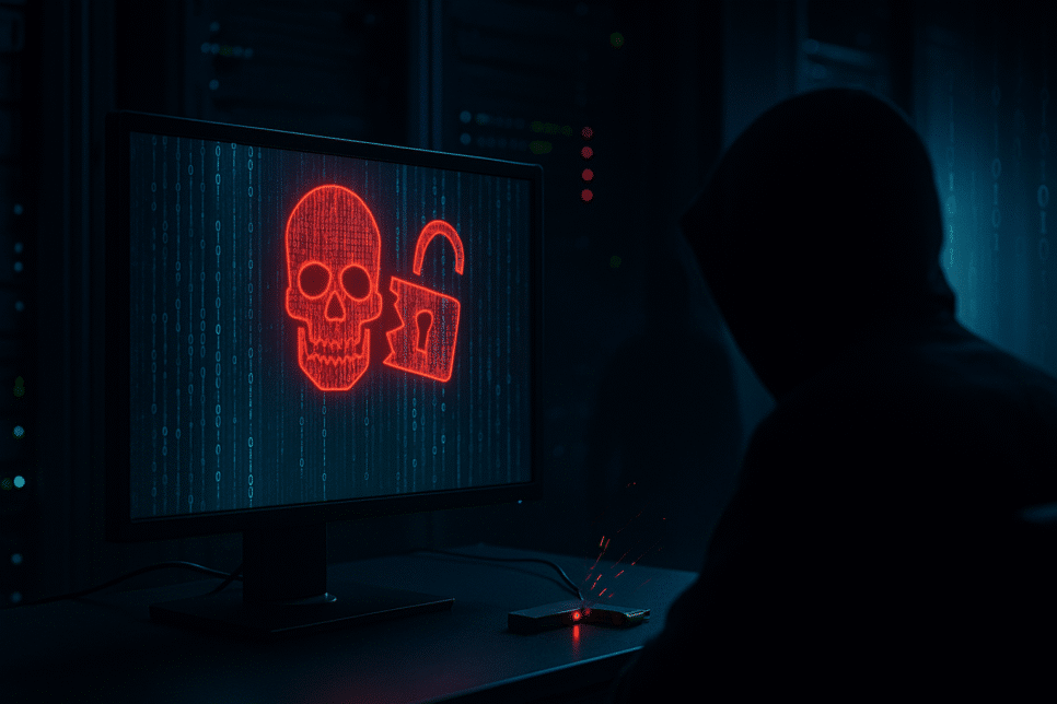 Akira: Hacker em ambiente de data center observando tela com alerta de ransomware Akira exibido em vermelho.