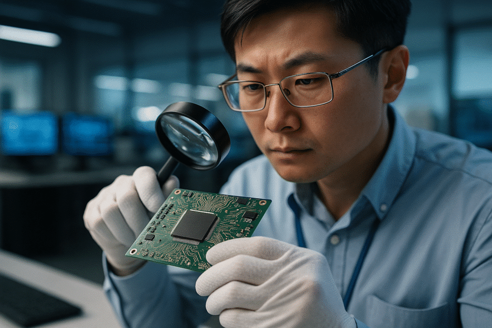 Engenheiro analisando chips semicondutor em laboratório