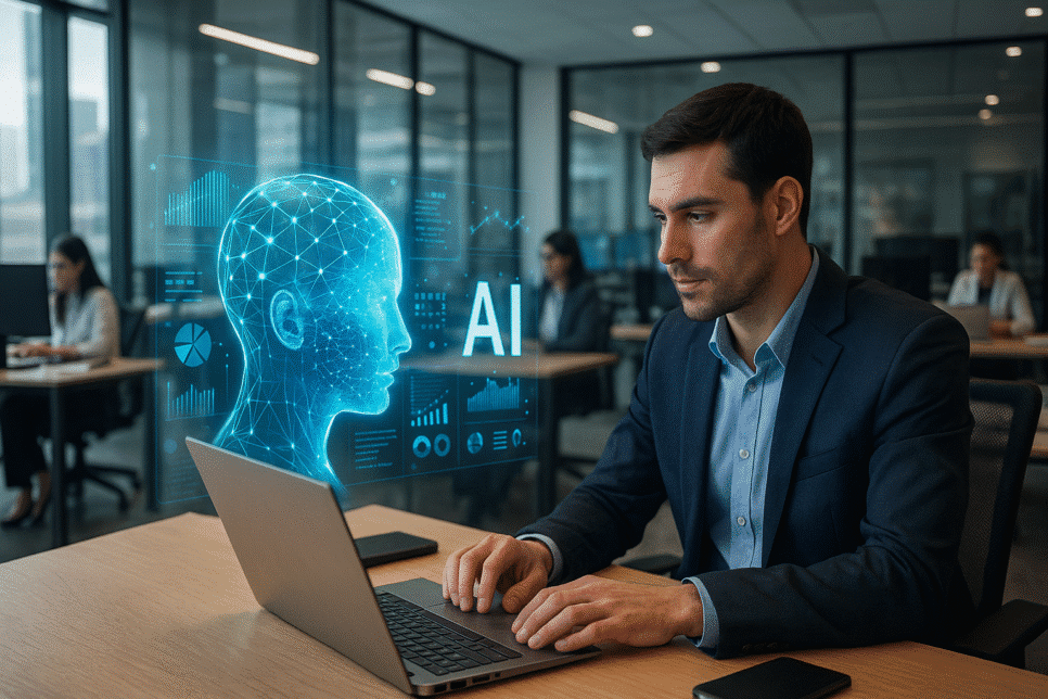 Executivo de TI utilizando IA em um ambiente corporativo moderno, simbolizando a transformação do trabalho pela automação inteligente.