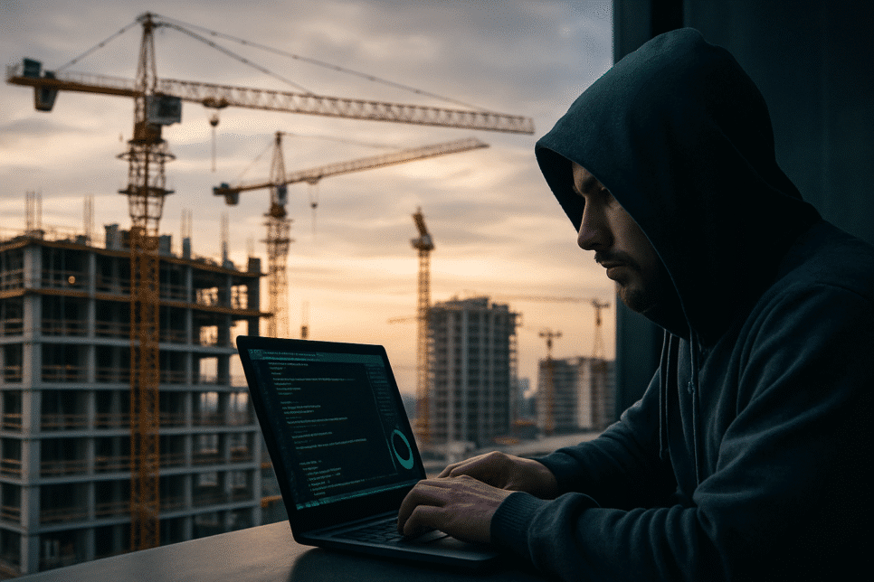 Hacker usando laptop com código enquanto observa canteiro de obras, simbolizando ataques cibernéticos na construção civil.