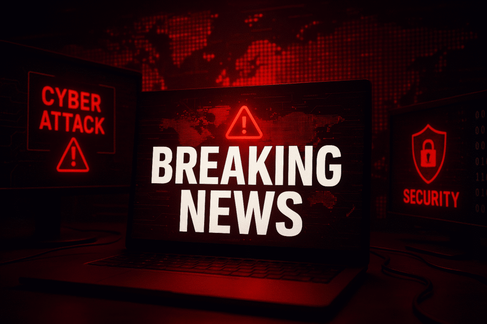 alerta de cibersegurança com mensagem breaking news em destaque. Ataques