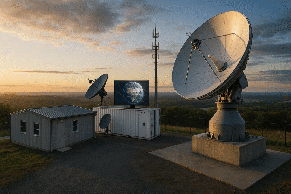 Anatel monitora sinais de satélites com antenas parabólicas em estação de fiscalização ao ar livre, destacando modernização da infraestrutura e rastreamento de constelações orbitais.