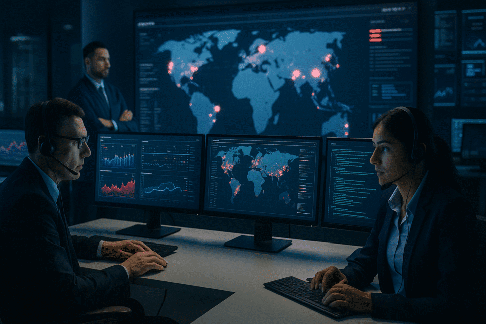 Equipe de cibersegurança monitorando ameaças com IA em centro de operações