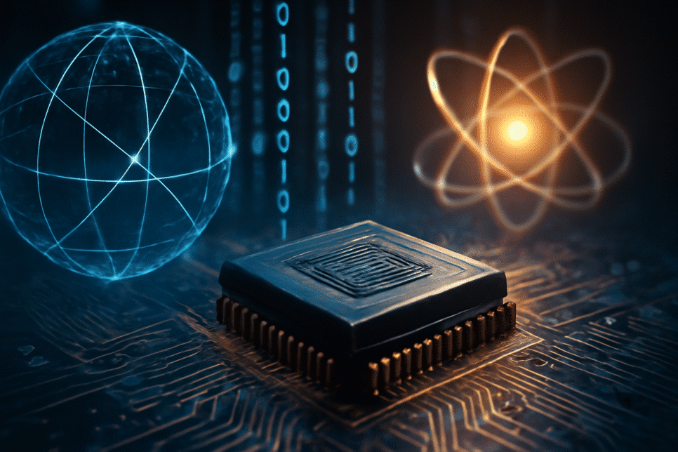 Computação quântica representada por um processador quântico com qubits, átomos e binários em um circuito futurista.