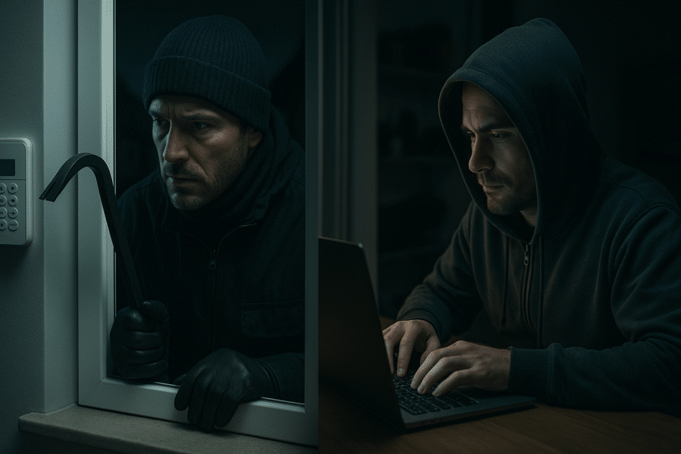 Ladrão digital e ladrão físico representados lado a lado em uma cena realista que destaca a evolução dos crimes e a importância da segurança cibernética.