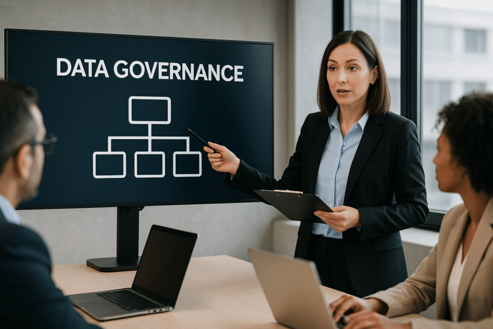 Profissionais reunidos analisando governança de dados em ambiente corporativo.