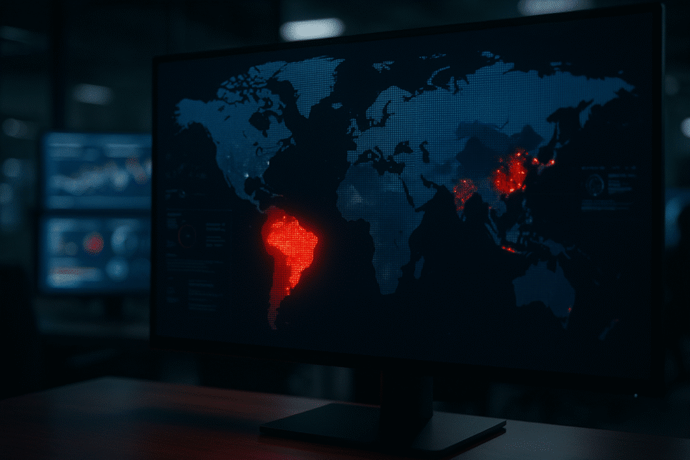 Mapa digital destacando o risco de fraude no Brasil em vermelho, com gráficos e elementos de segurança cibernética em ambiente corporativo.