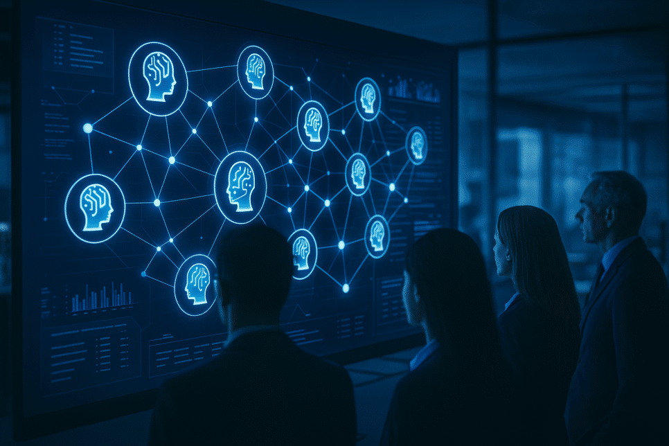 Representação visual de agentes de IA em rede, exibindo conexões digitais e fluxos de automação inteligente em um painel corporativo.