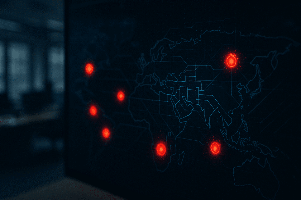 Mapa digital com pontos vermelhos indicando violação de dados em uma rede corporativa.