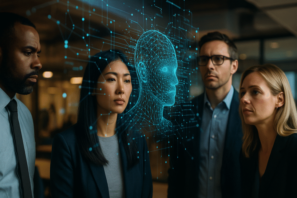 Profissionais analisando projeção digital de Inteligência artificial em ambiente corporativo.