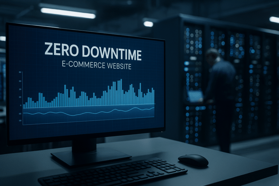 Ambiente de data center com profissionais monitorando sistemas para manter zero downtime.