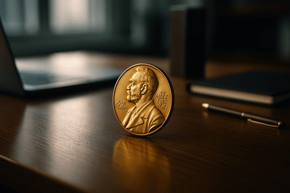 Medalha do Nobel sobre mesa em escritório moderno.