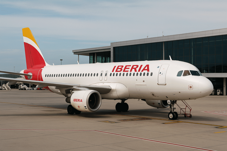Avião da Iberia estacionado no aeroporto, modelo Airbus, em posição de solo, usado para ilustrar operações da companhia aérea.