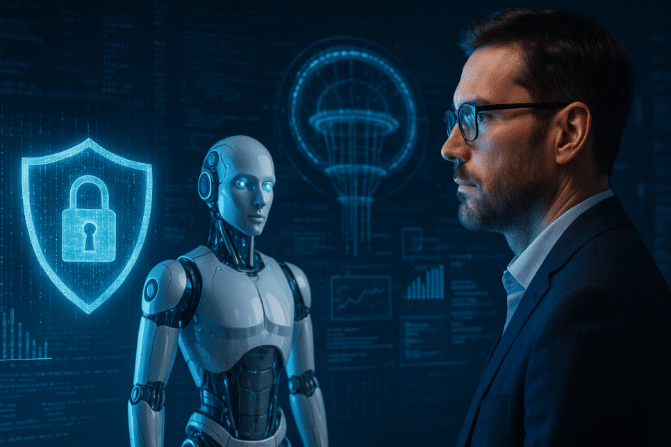 Netskope: Profissional de TI observando um robô humanoide ao lado de hologramas de segurança digital, representando previsões de cibersegurança para 2026 com IA e computação quântica.