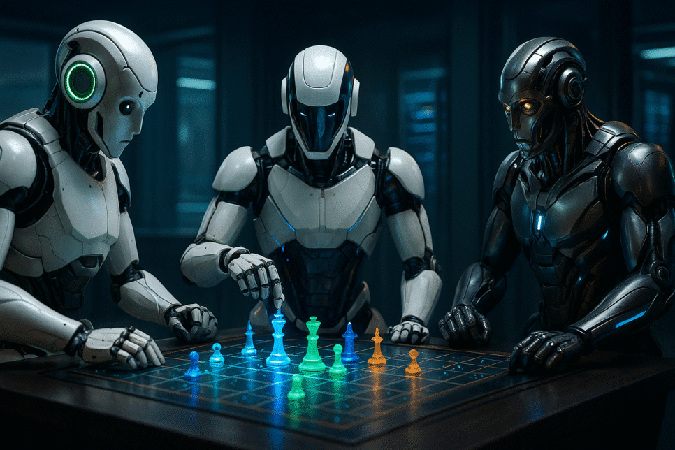 Claude: Três robôs de IA competindo em um jogo de tabuleiro futurista.