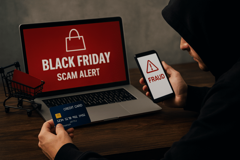Fraudes: Pessoa manipulando cartão e smartphone em um cenário que sugere fraude online na Black Friday.