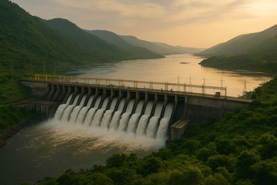 Grand Inga: Barragem hidrelétrica de Inga com água fluindo pelas comportas, rodeada por colinas verdes e linhas de transmissão de energia ao pôr do sol.