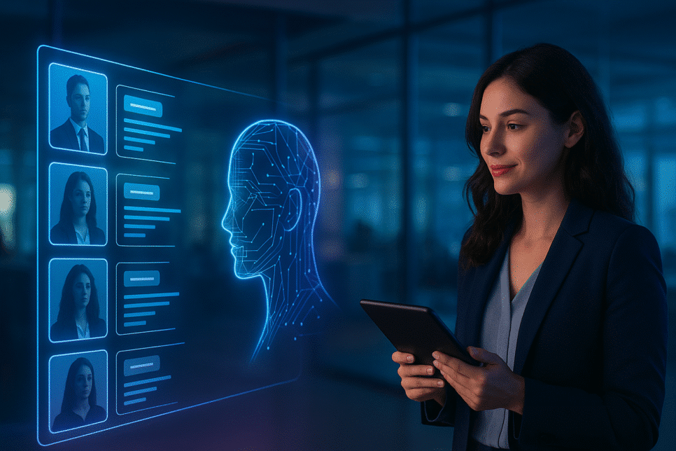 Interface futurista de IA analisando candidatos em hologramas. Recrutamento reverso.