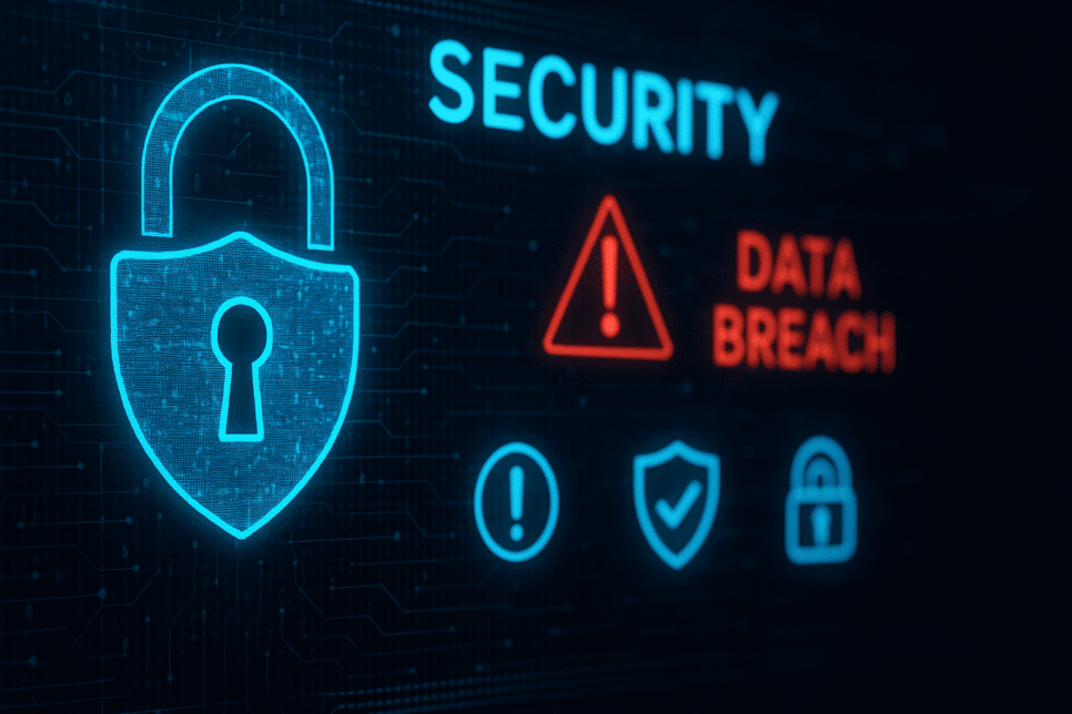 Painel digital de segurança cibernética com escudo e alertas de proteção. Segurança da informação.