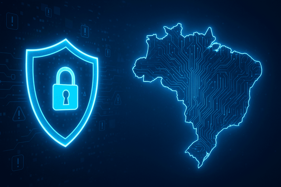 Escudo digital representando proteção cibernética no Brasil. Cibersegurança.