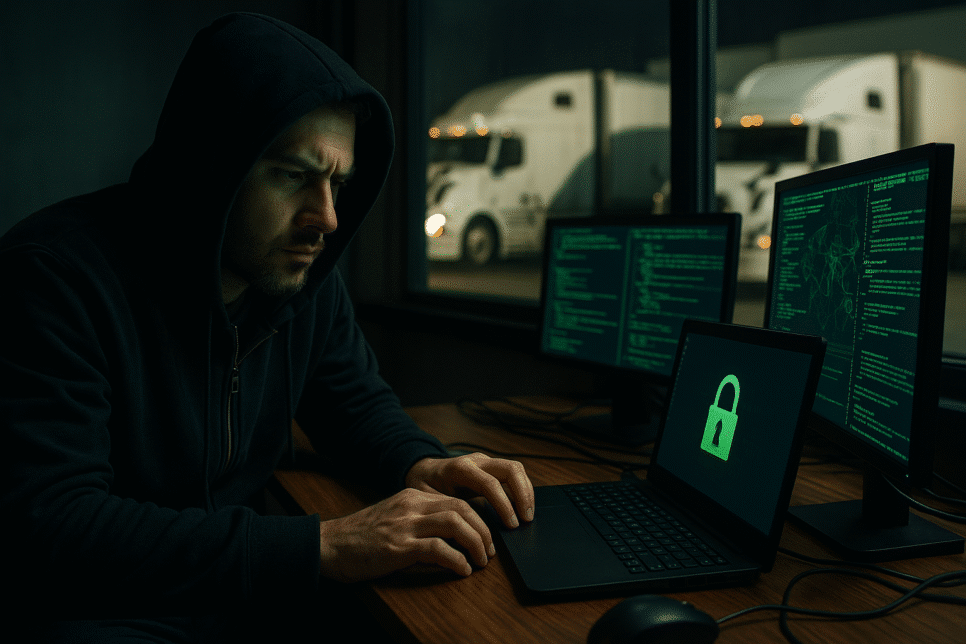 RMM: Homem usando capuz digitando em laptop com códigos na tela, com caminhões de carga ao fundo.