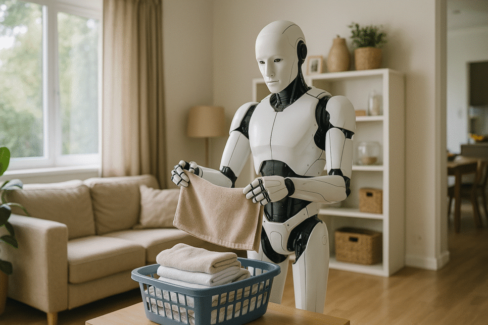 Robô humanoide dobrando roupas em sala de estar.